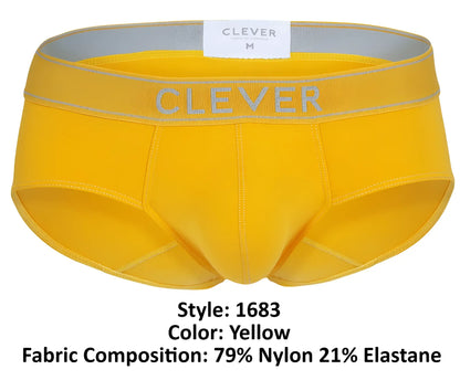 Bright yellow clever 1683 imagination briefs with gray elastic waistband and clever branding in matching gray lettering