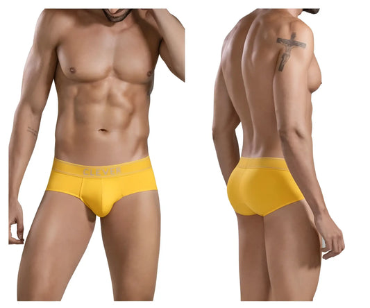 Bright yellow clever 1683 imagination briefs with a subtle brand logo on the waistband for men