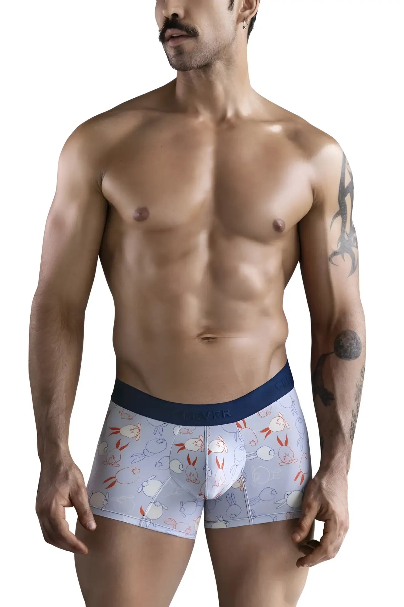 Light blue clever 1723 coney trunks boxer briefs with playful cartoon rabbit pattern and navy elastic waistband