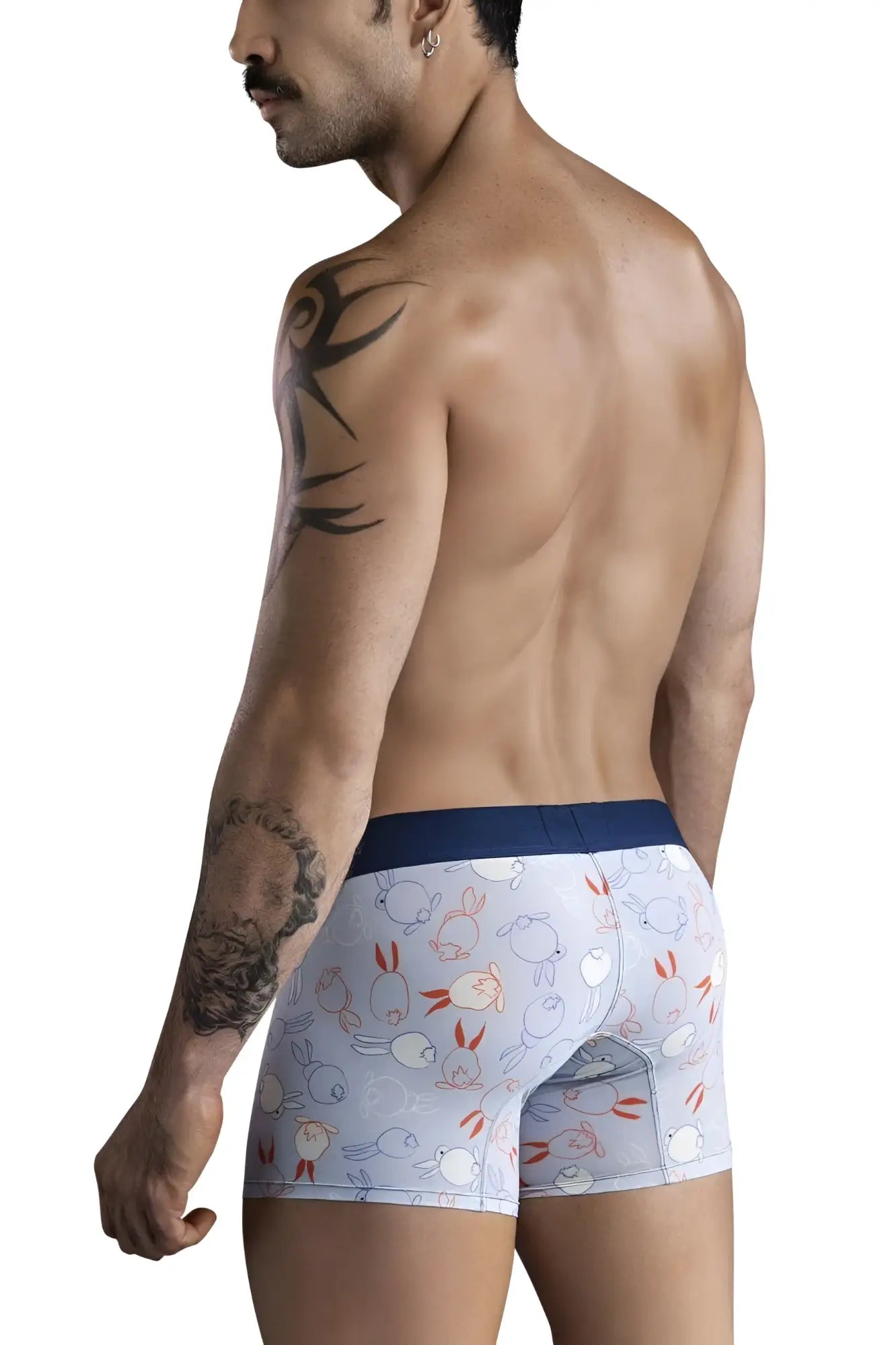 Light blue clever 1723 coney trunks boxer briefs with pastel cartoon rabbits birds and navy waistband front view
