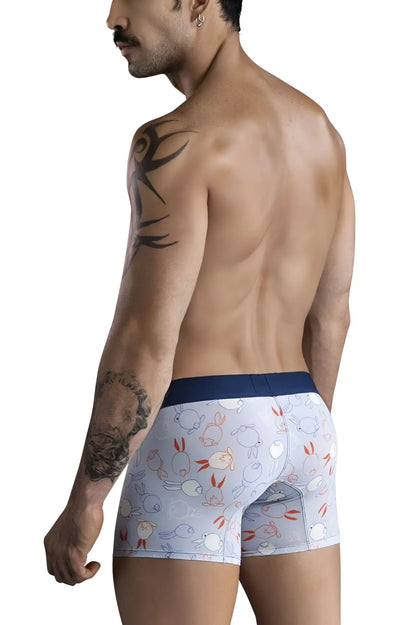 Light blue clever 1723 coney trunks boxer briefs with pastel cartoon rabbits birds and navy waistband front view