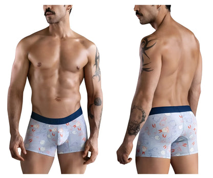 Light blue clever 1723 coney trunks boxer briefs with cartoon rabbits and carrots pattern and navy waistband