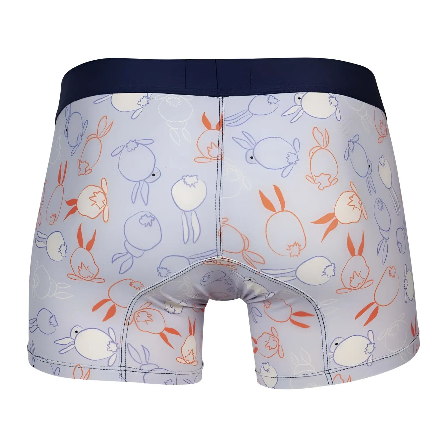 Light gray Clever 1723 coney trunks boxer briefs with navy waistband and playful orange and purple cartoon rabbit pattern