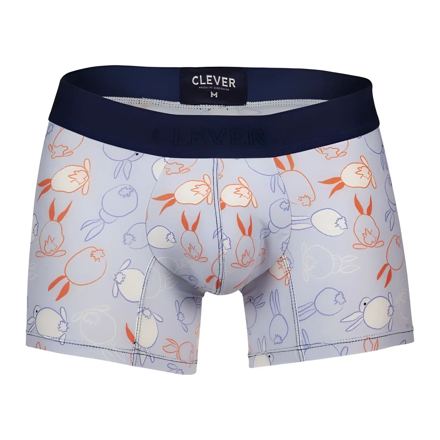 Light gray boxer briefs with playful orange and blue outlined rabbits navy clever waistband size m from clever 1723 coney trunks color blue