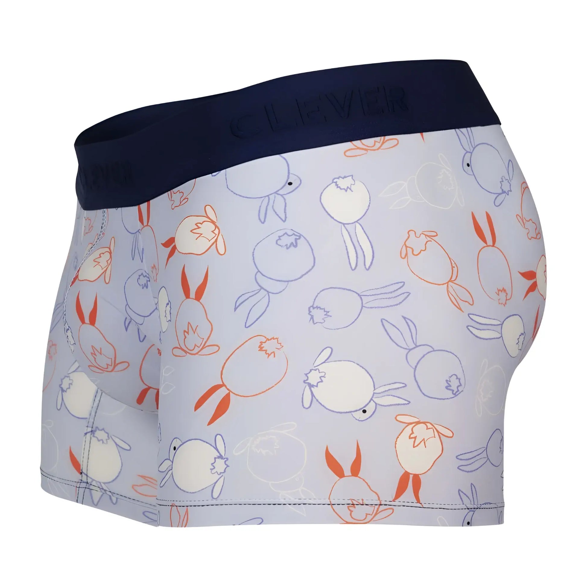 White boxer briefs clever 1723 coney trunks color blue with playful orange cream and light blue cartoon rabbit pattern