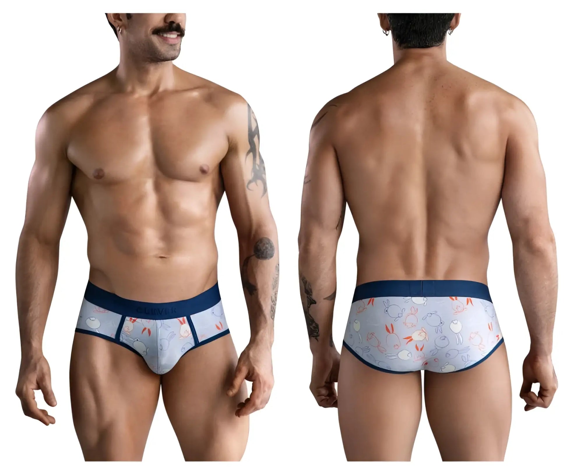 Light blue clever 1724 coney briefs for men with playful cartoon rabbit pattern and navy blue trim