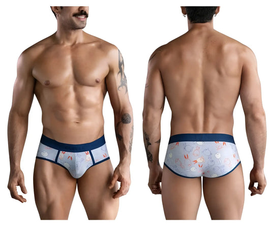 Light blue clever 1724 coney briefs for men with playful cartoon rabbit pattern and navy blue trim