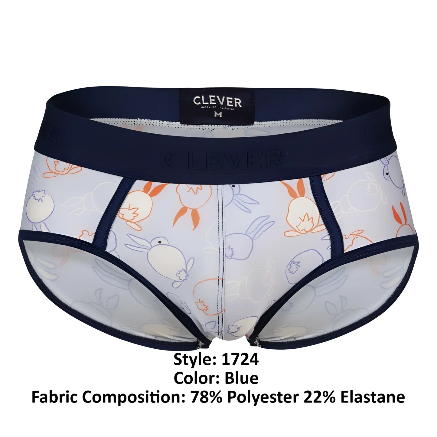 Clever 1724 coney briefs in blue feature a light fabric with orange and gray cartoon rabbits and navy waistband and trim