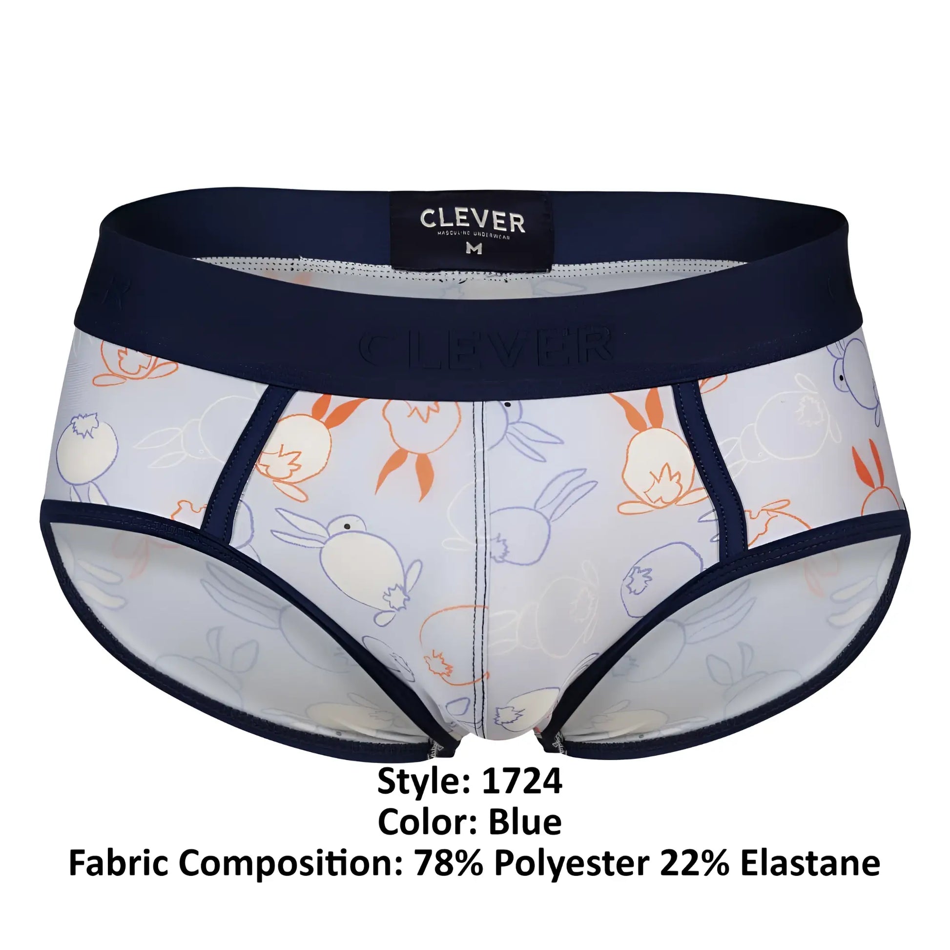 Clever 1724 coney briefs in blue feature a light fabric with orange and gray cartoon rabbits and navy waistband and trim