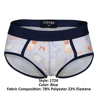 Clever 1724 coney briefs in blue feature a light fabric with orange and gray cartoon rabbits and navy waistband and trim