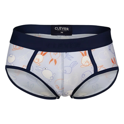 White men’s briefs clever 1724 coney briefs color blue with playful orange and blue cartoon rabbits and navy trim