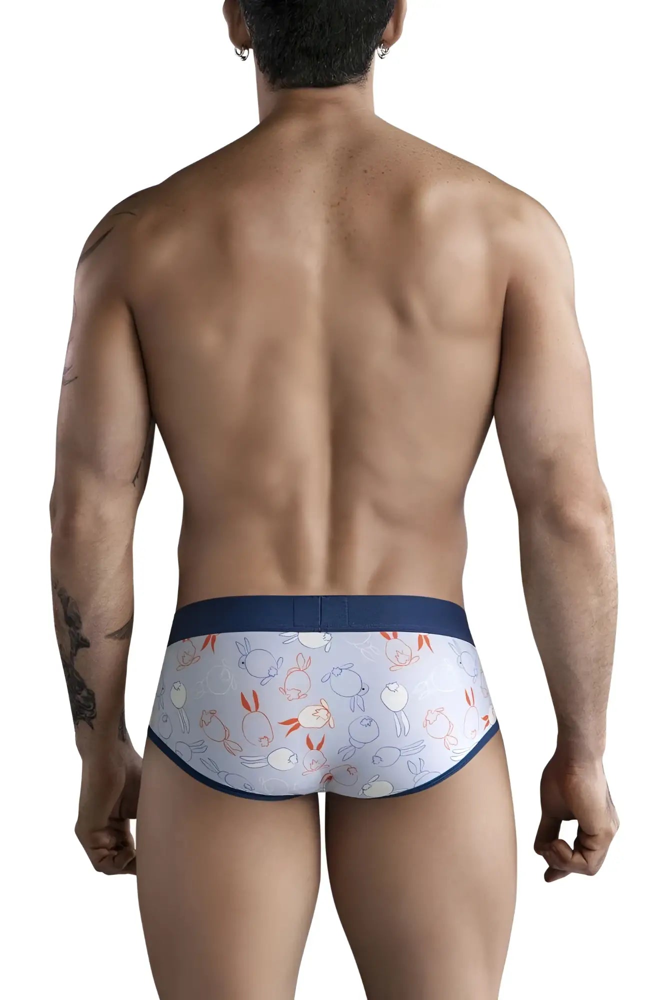 White briefs with playful pastel cartoon rabbits and navy blue trim from clever 1724 coney briefs color blue collection