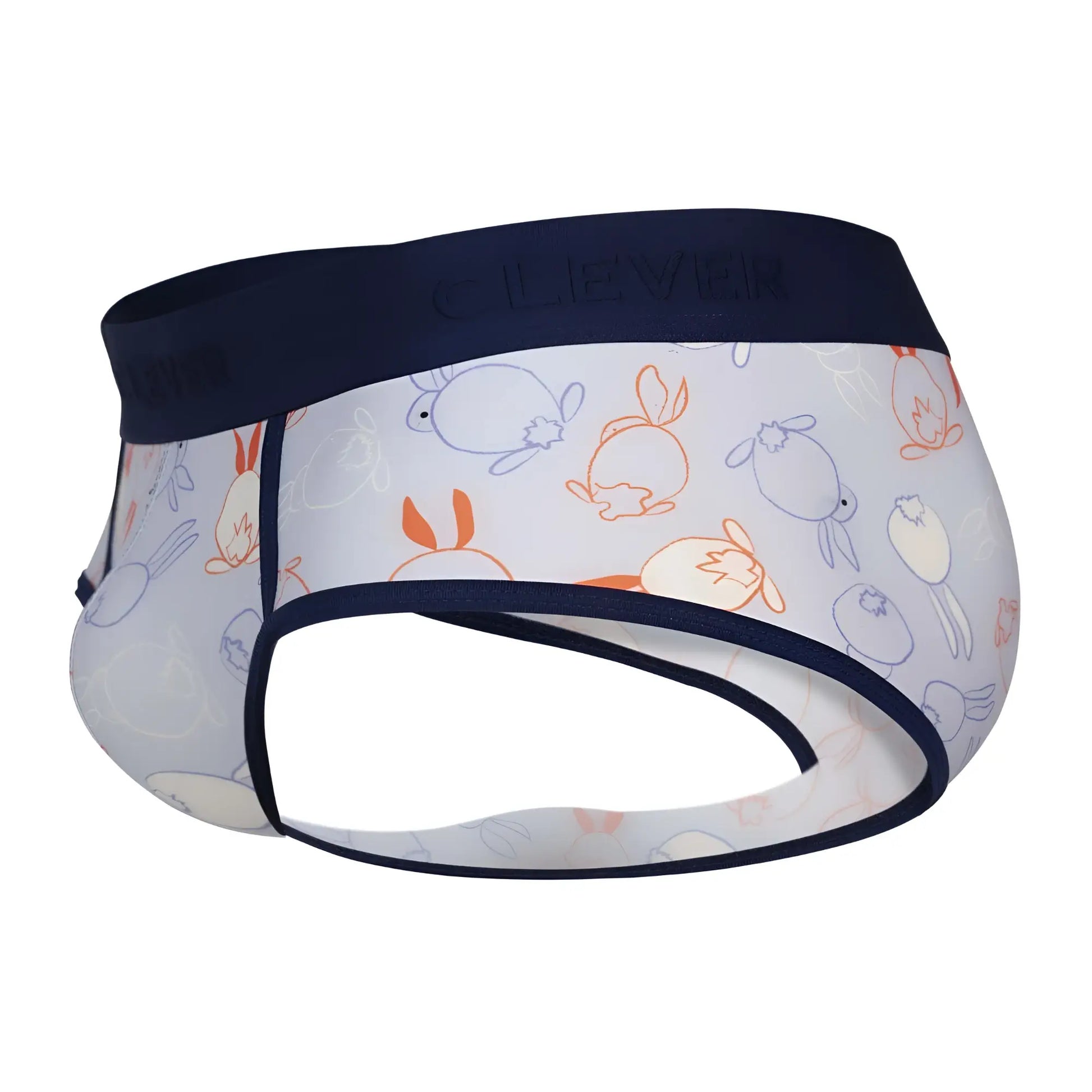 White clever 1724 coney briefs with playful orange blue and gray rabbit pattern navy waistband and trim