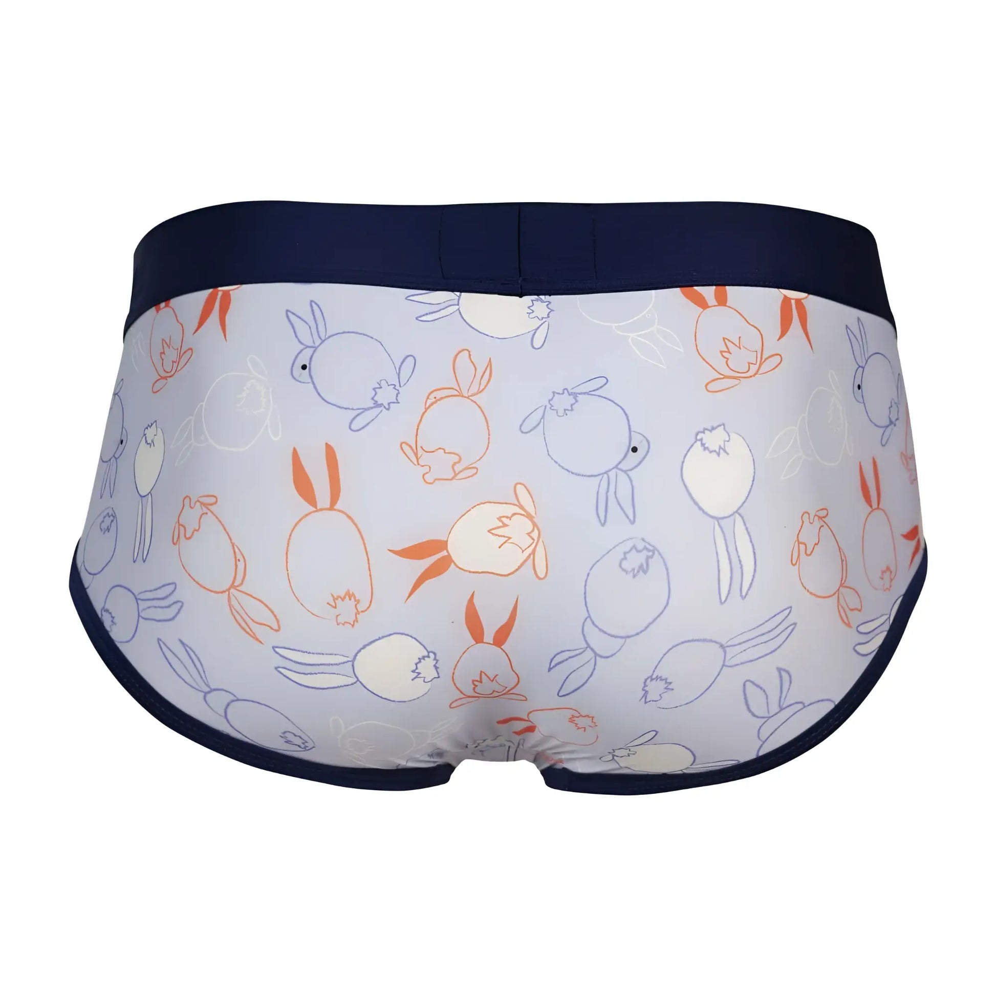 White clever 1724 coney briefs with playful blue and orange outlined rabbits and navy blue trim in cotton fabric
