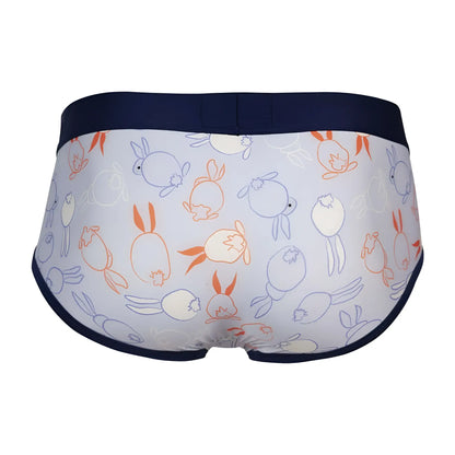 White clever 1724 coney briefs with playful blue and orange outlined rabbits and navy blue trim in cotton fabric
