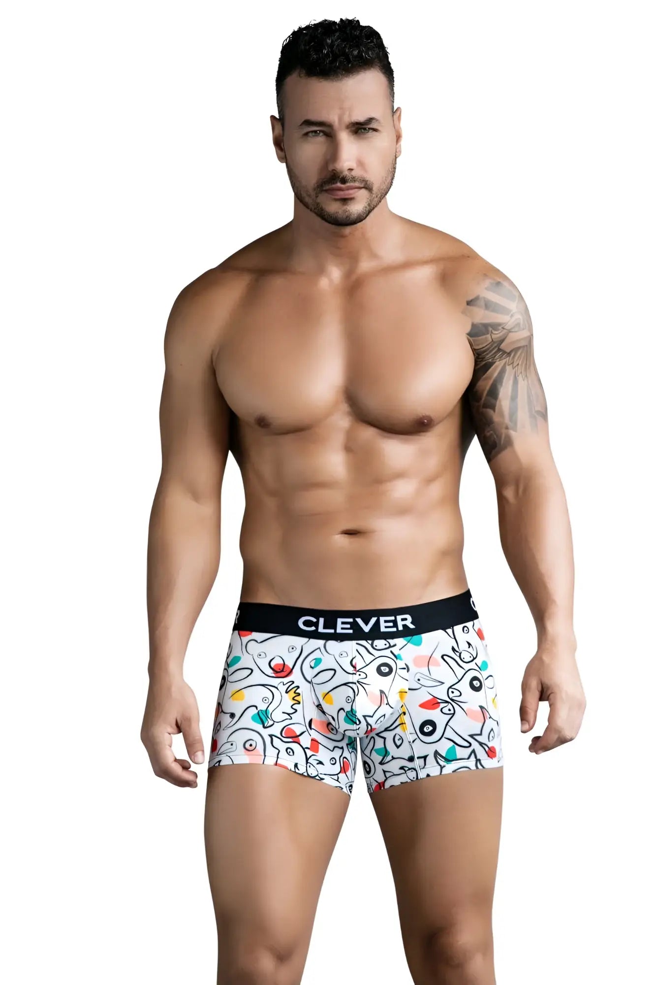 White clever 1725 grange trunks boxer briefs with colorful abstract cartoon pattern and black waistband