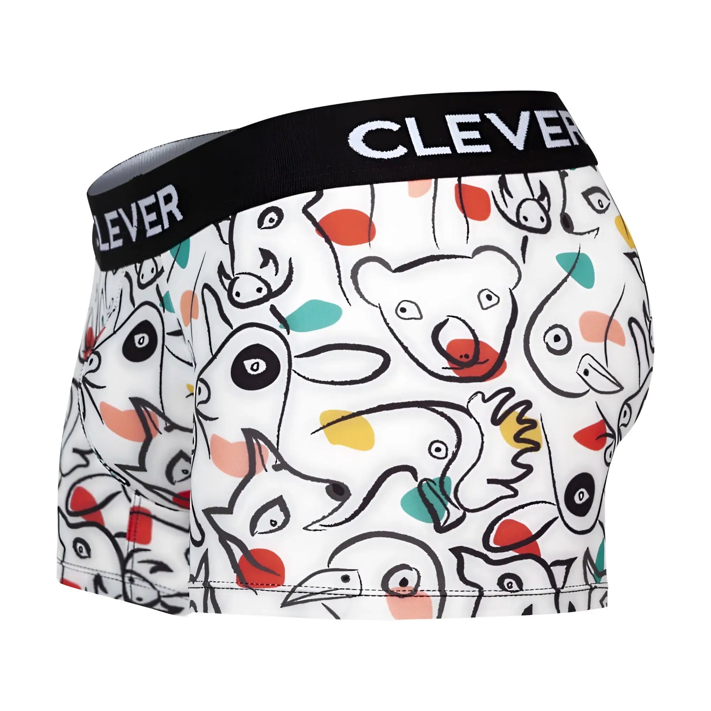 White boxer briefs clever 1725 grange trunks with playful animal print and colorful dots on a black waistband