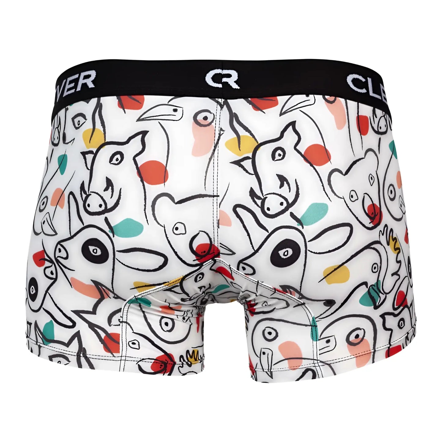 White boxer briefs clever 1725 grange trunks with playful cartoon animal print and colorful polka dots