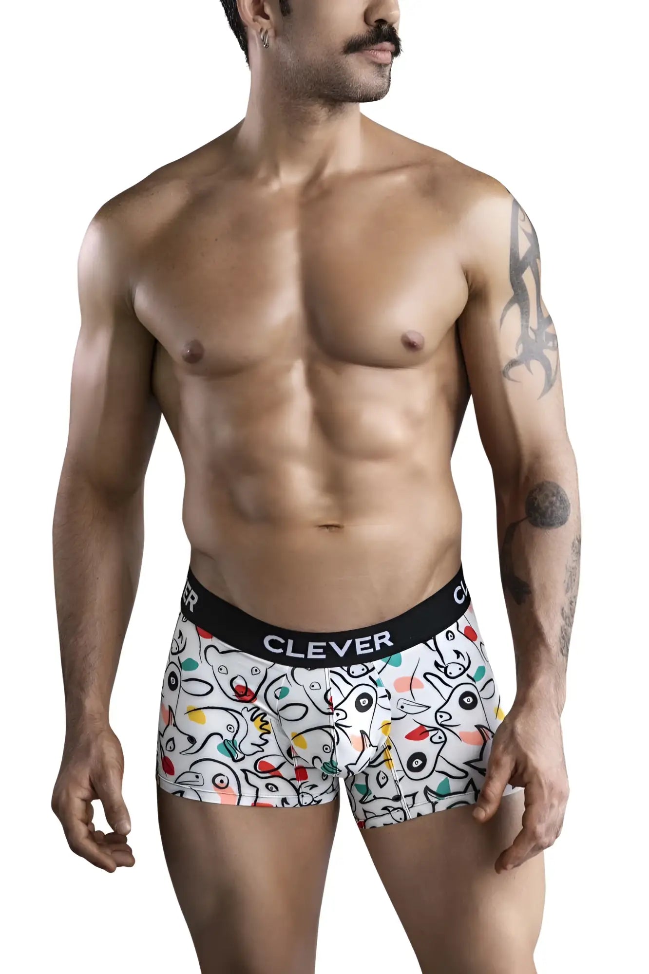 White boxer briefs with colorful cartoon animal print and black clever elastic waistband in clever 1725 grange trunks color white