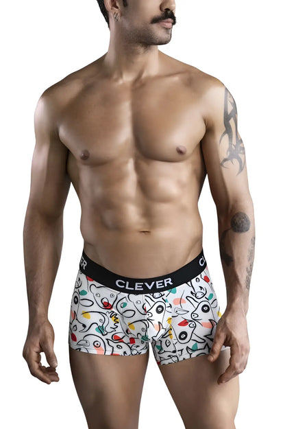 White boxer briefs with colorful cartoon animal print and black clever elastic waistband in clever 1725 grange trunks color white