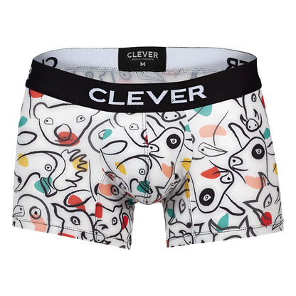 White clever 1725 grange trunks boxer briefs with colorful cartoon animal print and black elastic waistband
