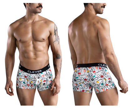 White boxer briefs clever 1725 grange trunks with colorful cartoon animal pattern and black clever waistband