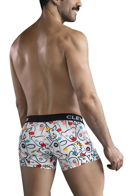White boxer briefs clever 1725 grange trunks with playful colorful cartoon animal print and black clev waistband