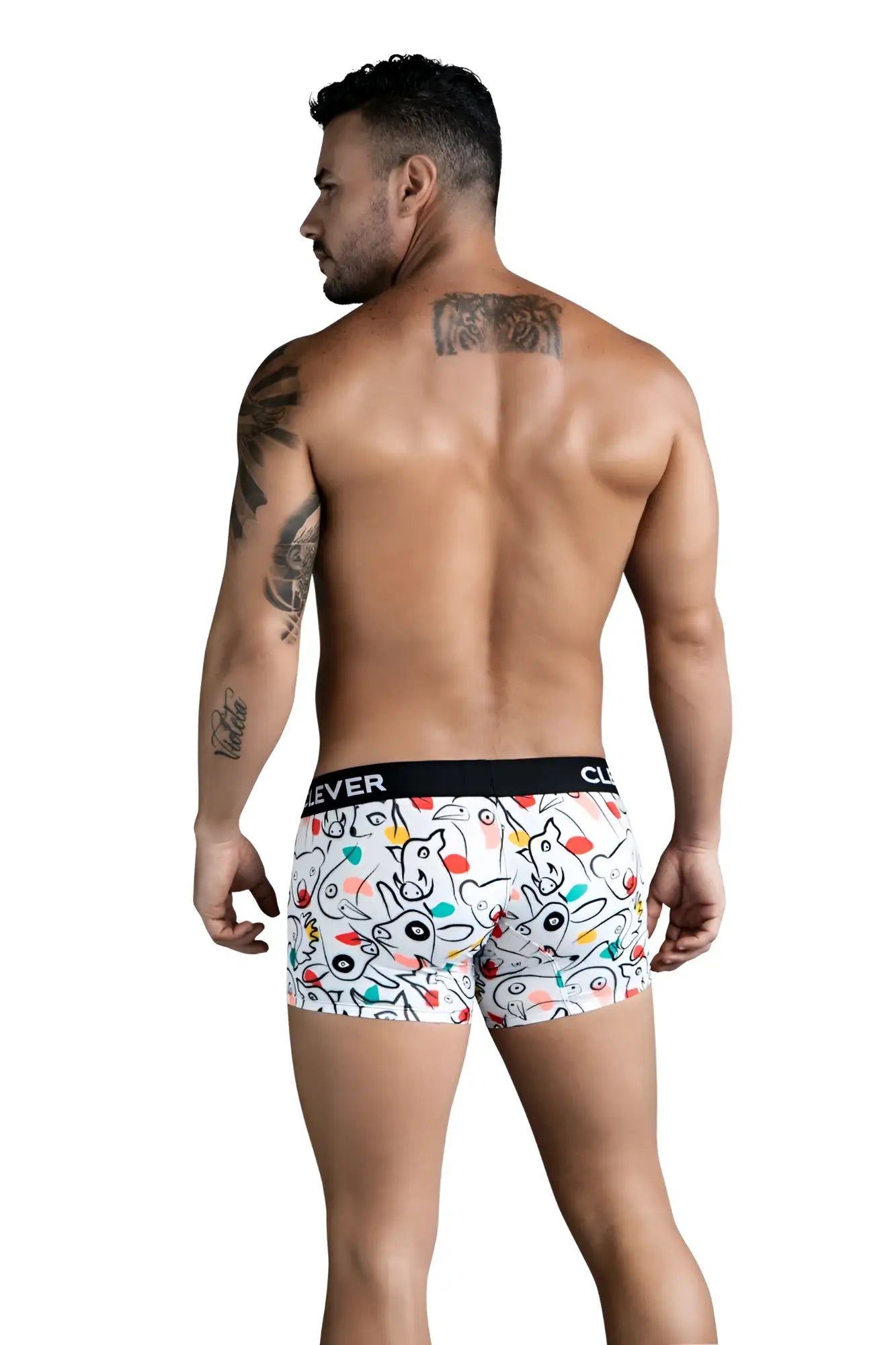 White boxer briefs clever 1725 grange trunks with colorful cartoon unicorn and balloon pattern and black waistband