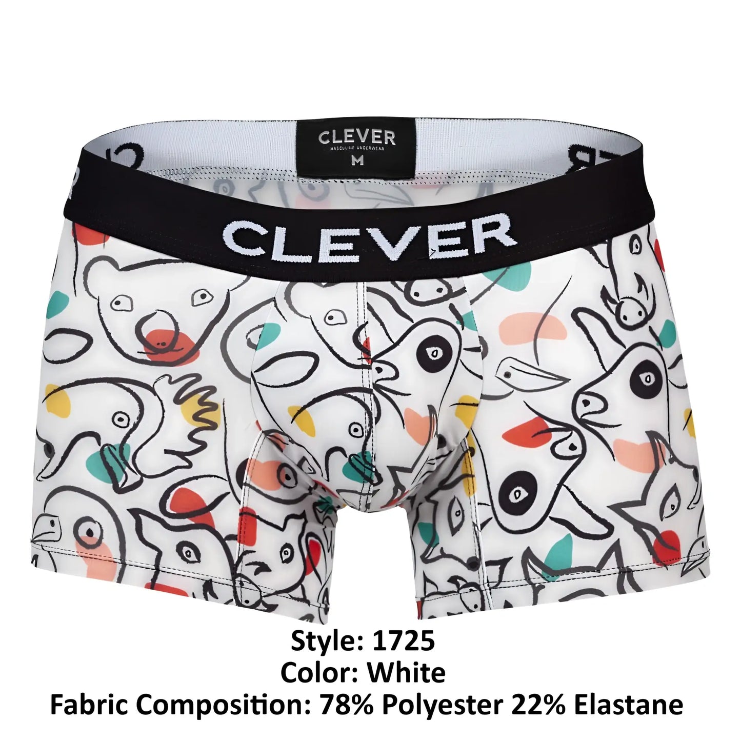 White boxer briefs Clever 1725 Grange trunks featuring a playful colorful cartoon animal print with black outlines