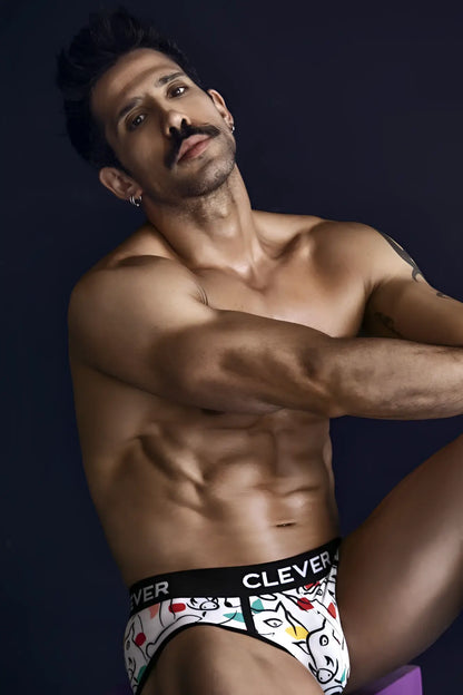 White clever 1726 grange briefs with colorful cartoon cat pattern and black elastic waistband with brand name