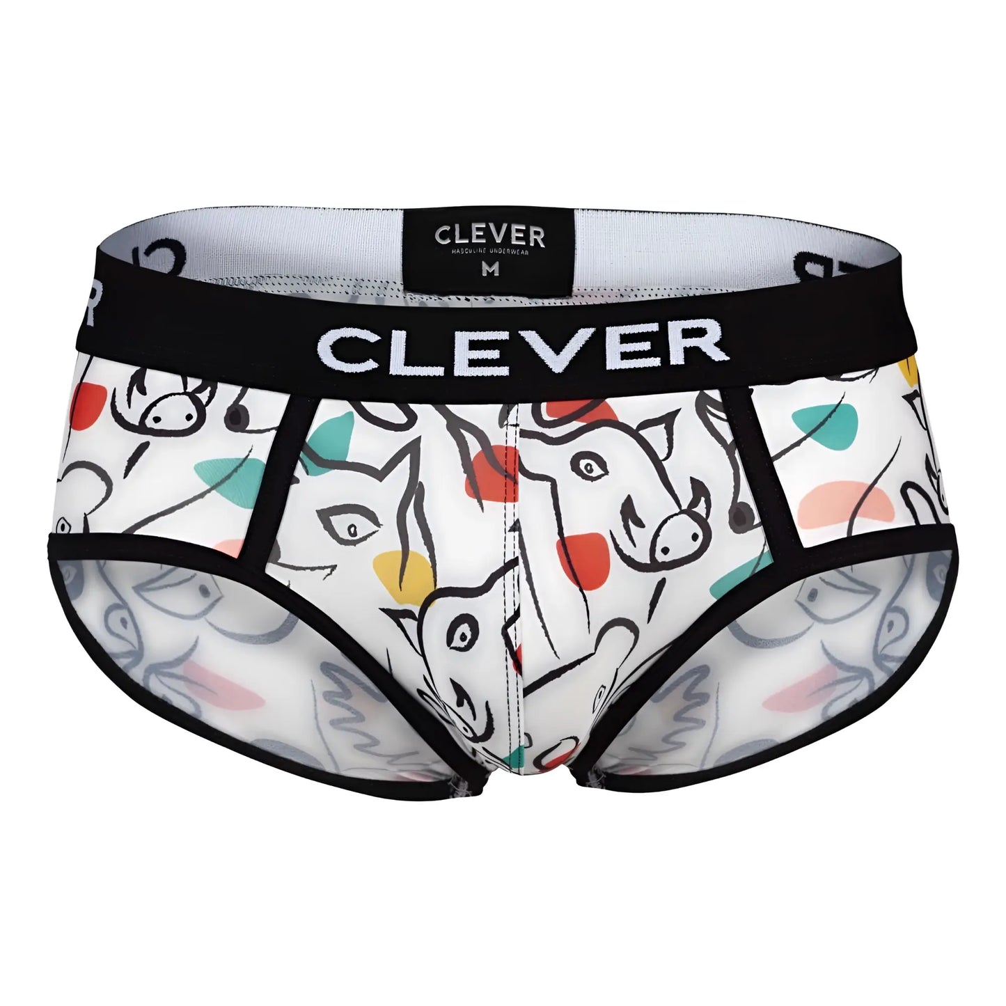 White clever 1726 grange men’s briefs with playful black red yellow teal cartoon animal pattern and branded waistband