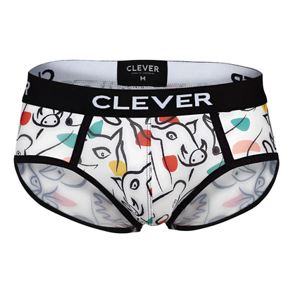 White clever 1726 grange men’s briefs with playful black red yellow teal cartoon animal pattern and branded waistband