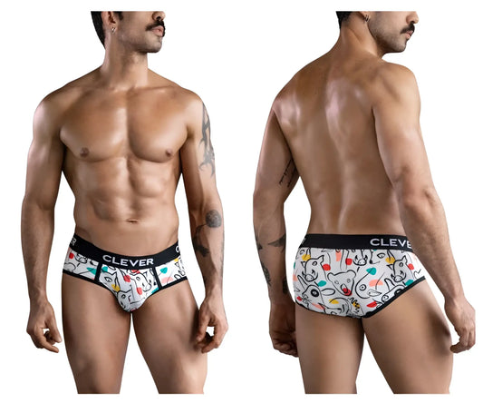 White clever 1726 grange briefs with playful cartoon animal pattern and black elastic waistband printed clever