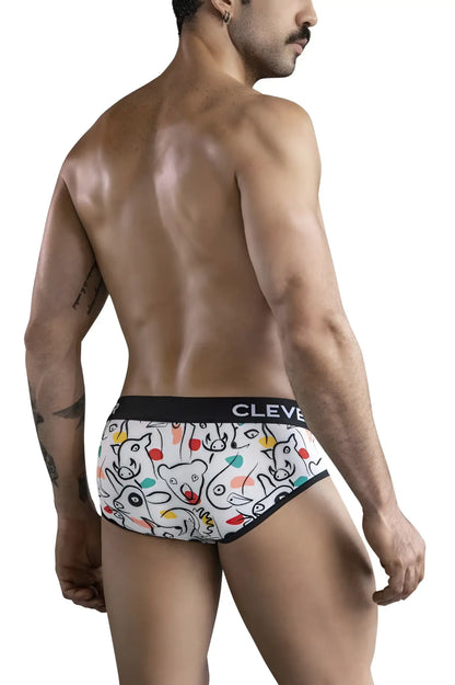 White clever 1726 grange briefs with playful colorful cartoon animal print and black trim on waistband