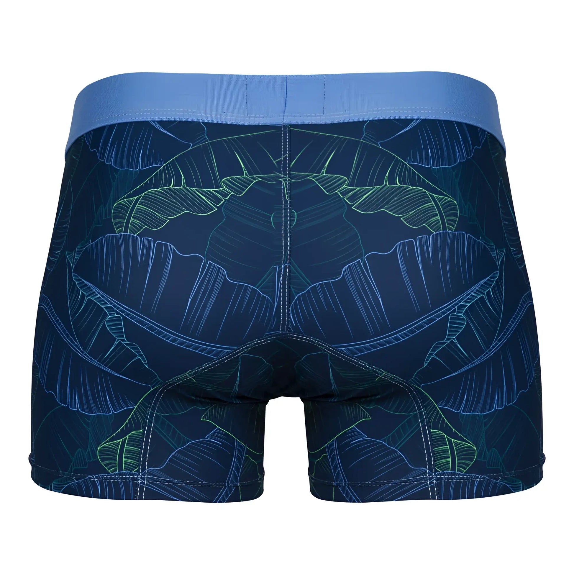 Dark blue clever 1727 shape trunks boxer briefs with glowing green and light blue tropical banana leaf pattern and royal blue waistband