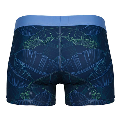 Dark blue clever 1727 shape trunks boxer briefs with glowing green and light blue tropical banana leaf pattern and royal blue waistband