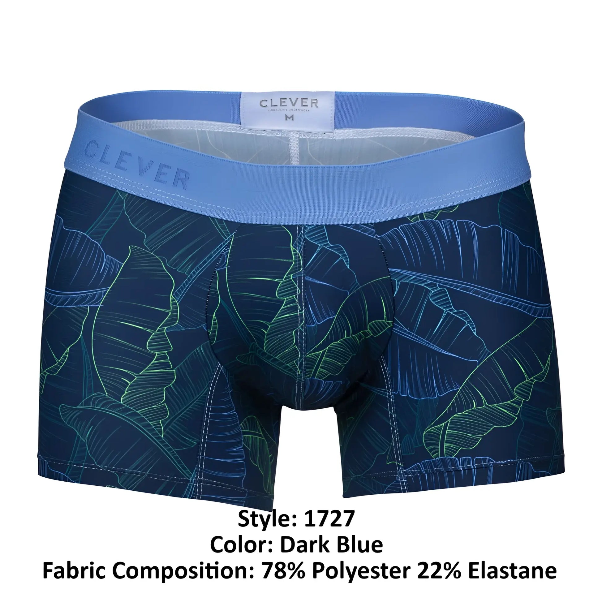 Dark blue clever 1727 shape trunks boxer briefs with glowing green and light blue tropical leaf pattern and branded waistband