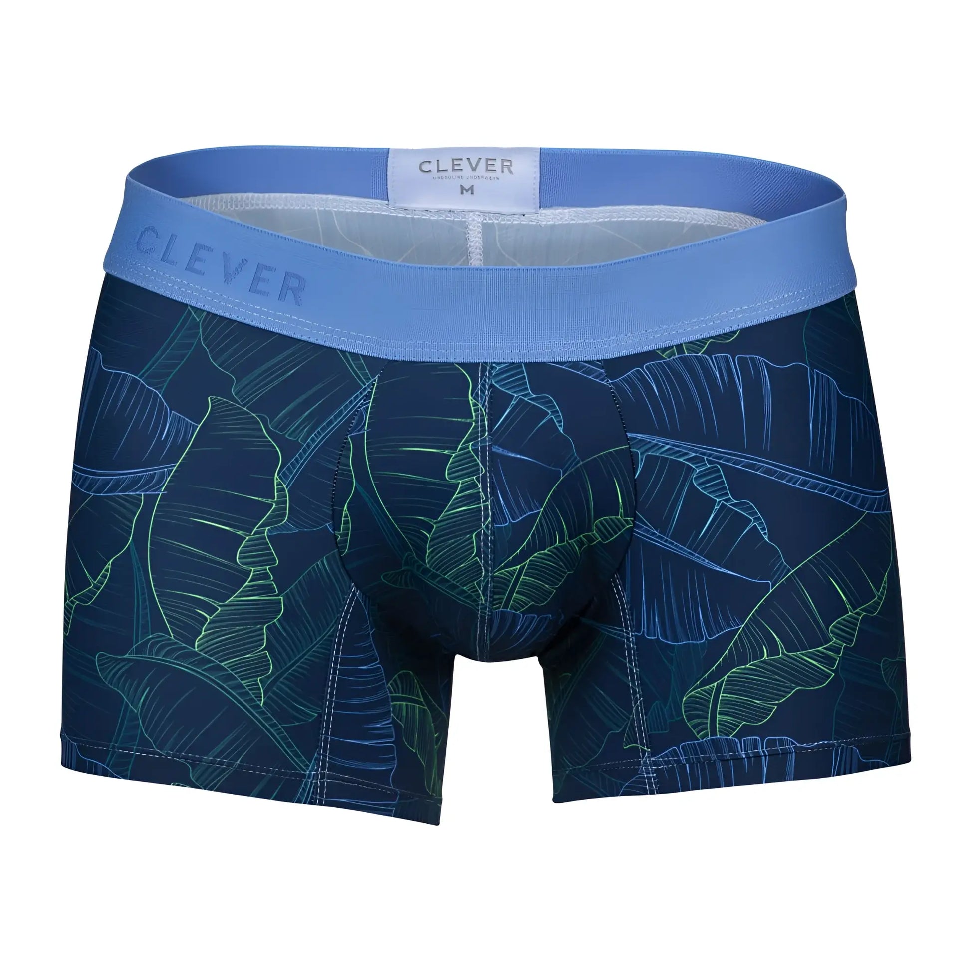 Blue and green tropical leaf patterned boxer briefs by clever in dark blue shape trunks color 1727