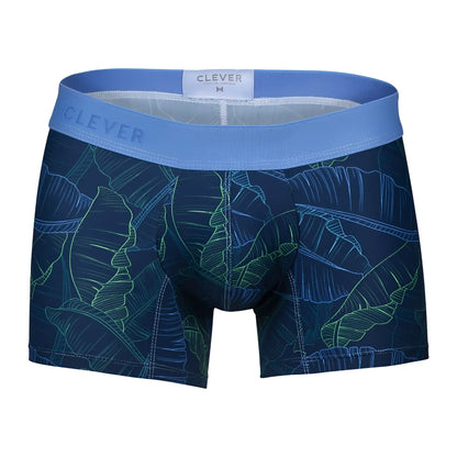 Blue and green tropical leaf patterned boxer briefs by clever in dark blue shape trunks color 1727