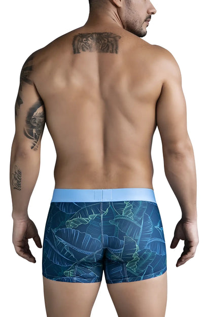 Blue tropical leaf-patterned clever 1727 shape trunks boxer briefs with light blue waistband for comfortable fit