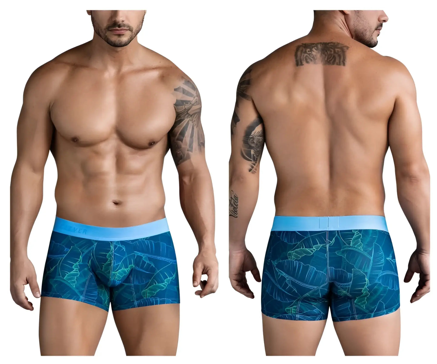 Clever 1727 shape trunks dark blue men’s boxer briefs with blue tropical leaf pattern and light blue waistband