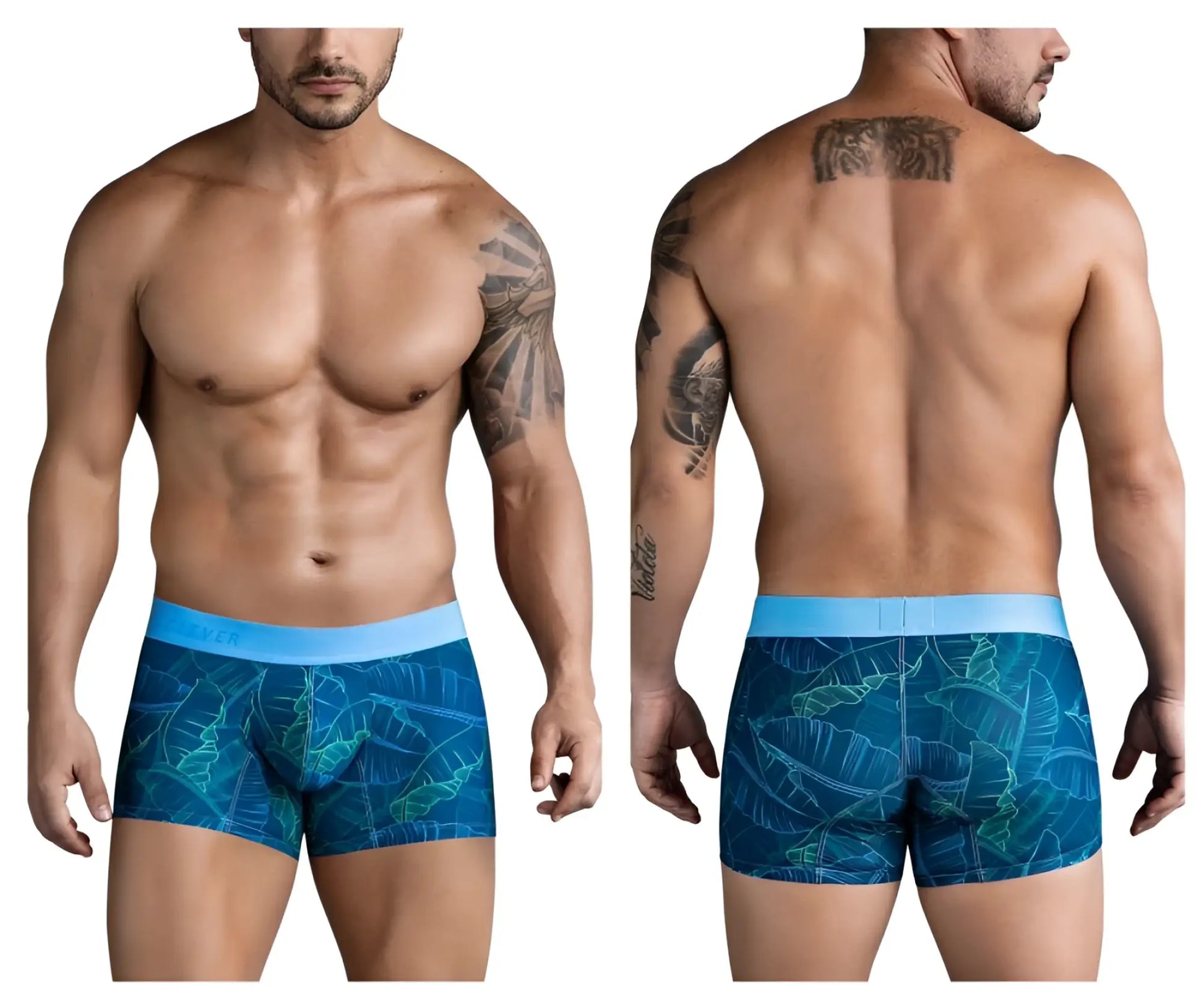 Clever 1727 shape trunks dark blue men’s boxer briefs with blue tropical leaf pattern and light blue waistband