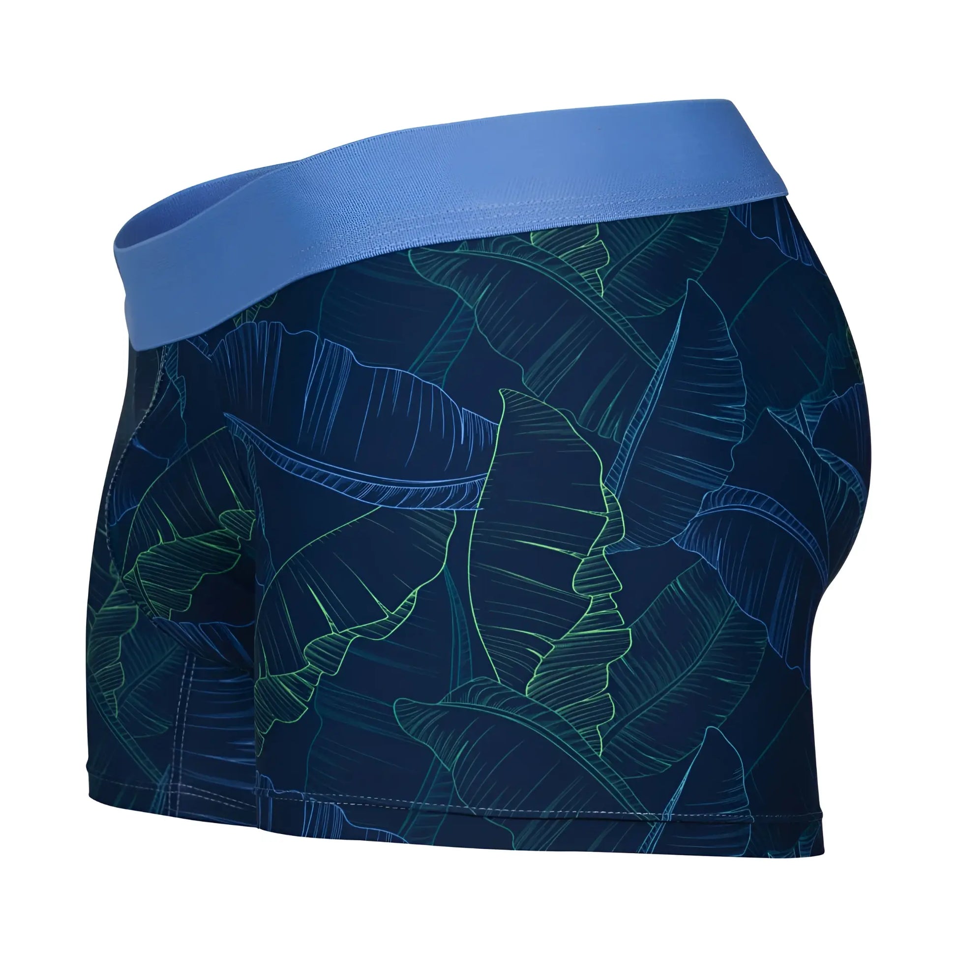 Clever 1727 shape trunks dark blue men’s boxer briefs with blue waistband and teal tropical leaf pattern