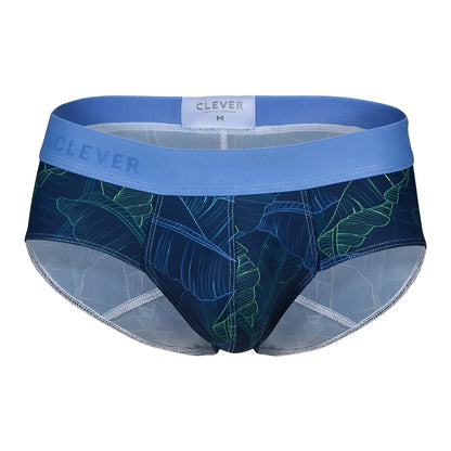Blue and green tropical leaf patterned men’s briefs by clever in dark blue for comfortable everyday wear