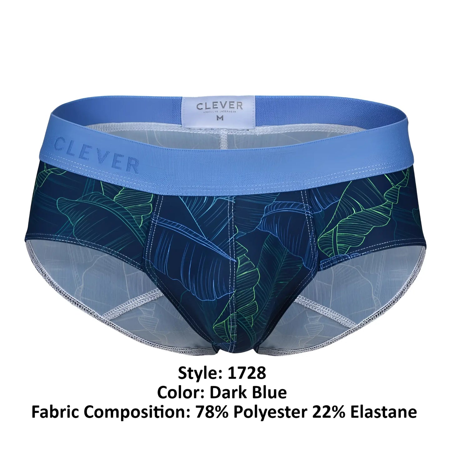 Dark blue clever 1728 shape briefs with green and light blue tropical leaf pattern made of 78 polyester 22 elastane