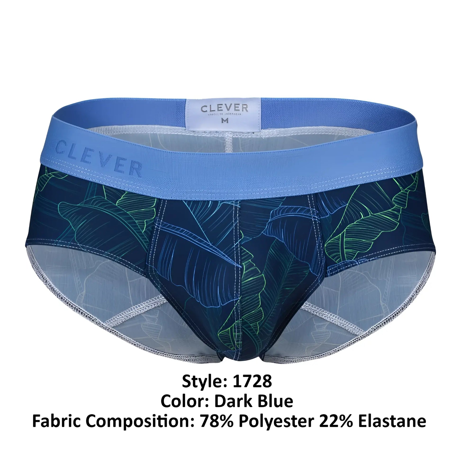 Dark blue clever 1728 shape briefs with green and light blue tropical leaf pattern made of 78 polyester 22 elastane