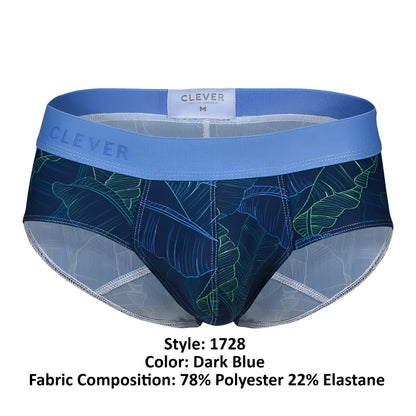 Dark blue clever 1728 shape briefs with green and light blue tropical leaf pattern made of 78 polyester 22 elastane