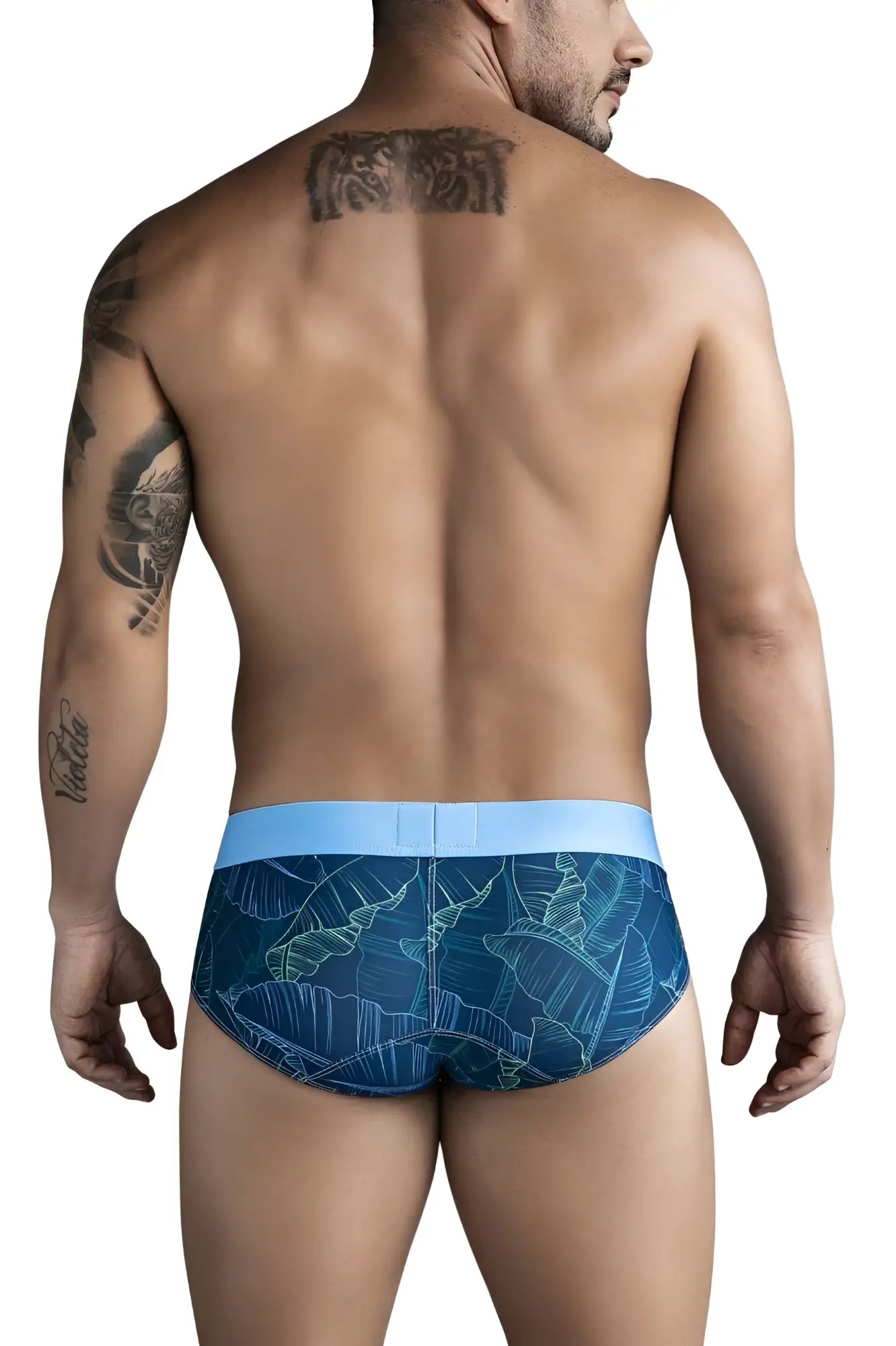 Clever 1728 shape briefs in dark blue with blue tropical leaf pattern and light blue waistband for comfortable wear
