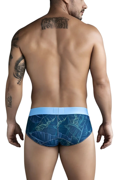 Clever 1728 shape briefs in dark blue with blue tropical leaf pattern and light blue waistband for comfortable wear
