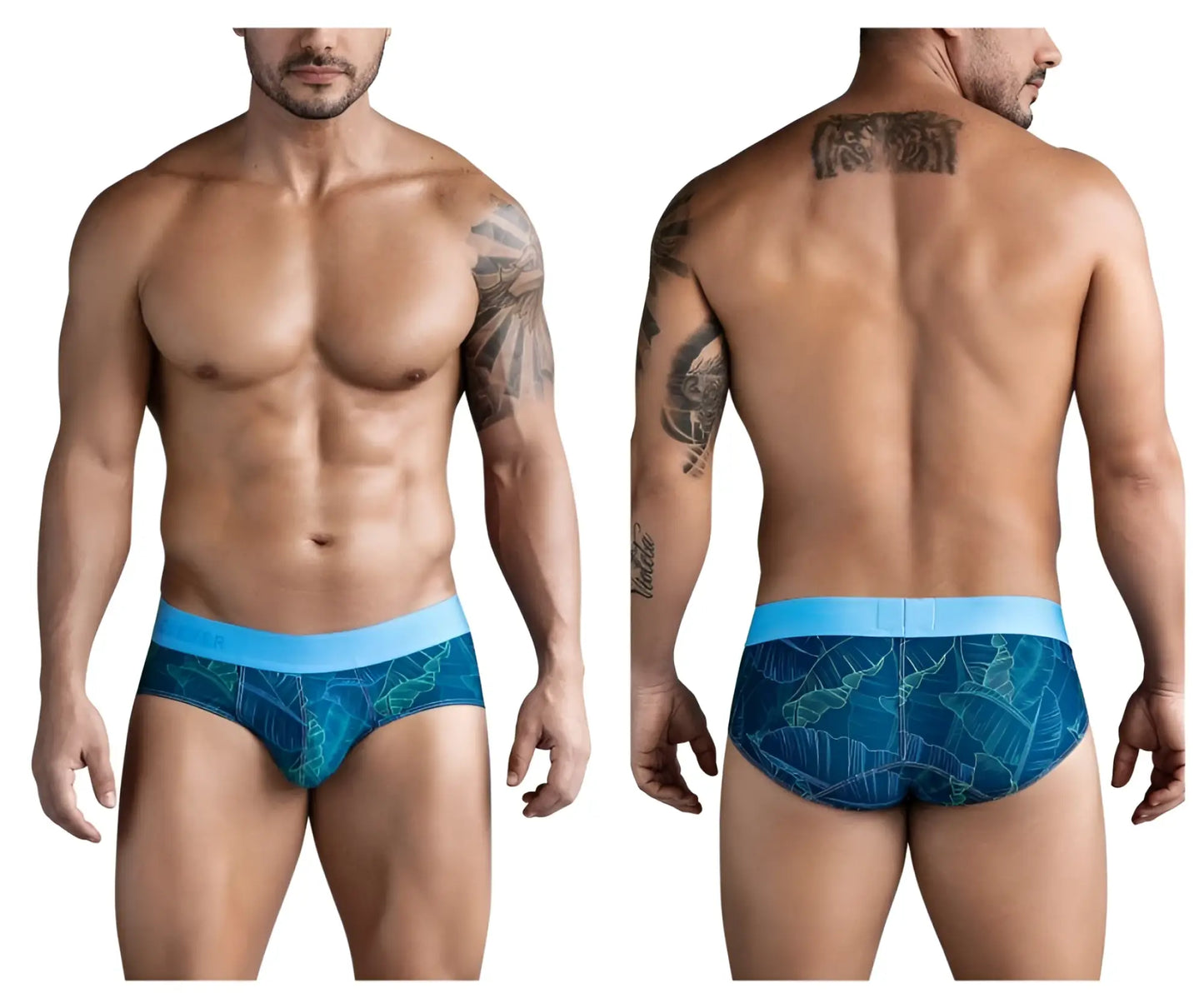 Clever 1728 shape briefs in dark blue with blue tropical leaf pattern and light blue waistband for comfortable fit